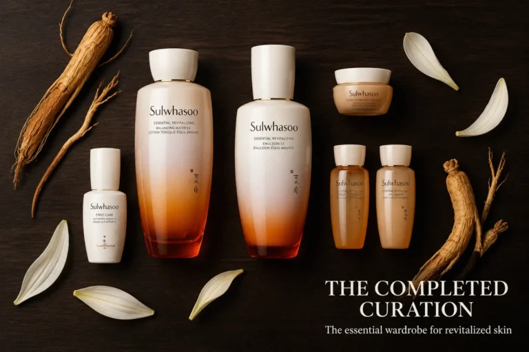 A premium 6-piece Sulwhasoo Essential Revitalizing Set displayed on a marble vanity with gold accents.