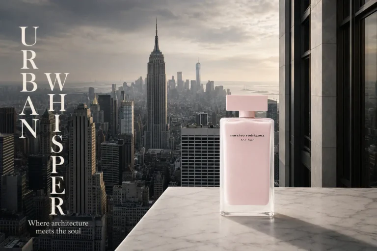 A tall, minimalist pink-lacquered glass bottle of Narciso Rodriguez For Her Eau de Parfum on a marble surface.