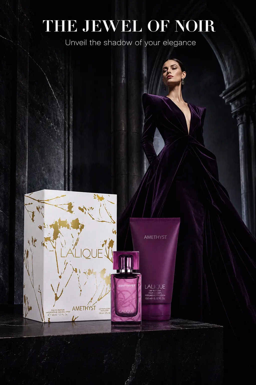 Close up of the Lalique Amethyst gemstone inspired bottle