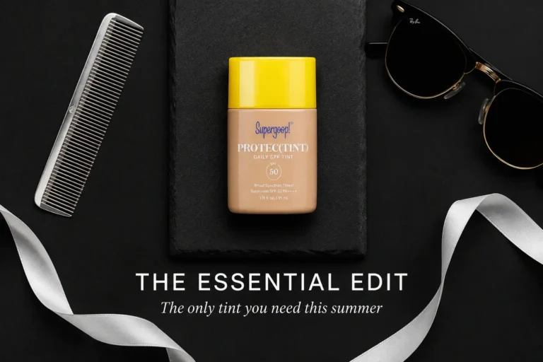 Supergoop! Protec(tint) Daily Skin Tint SPF 50 bottle standing on a clean white surface with a soft shadow.