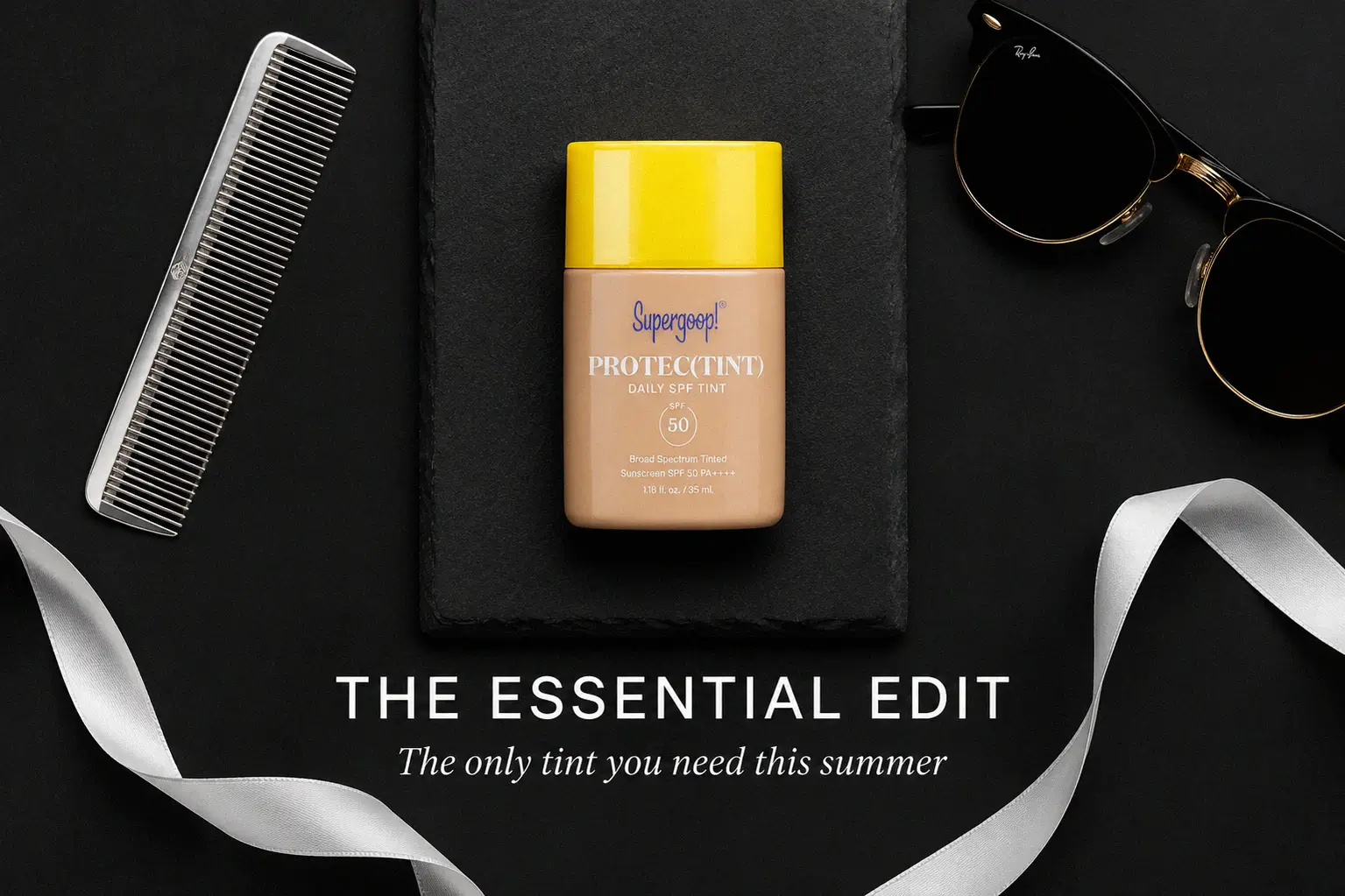 Supergoop! Protec(tint) Daily Skin Tint SPF 50 bottle standing on a clean white surface with a soft shadow.