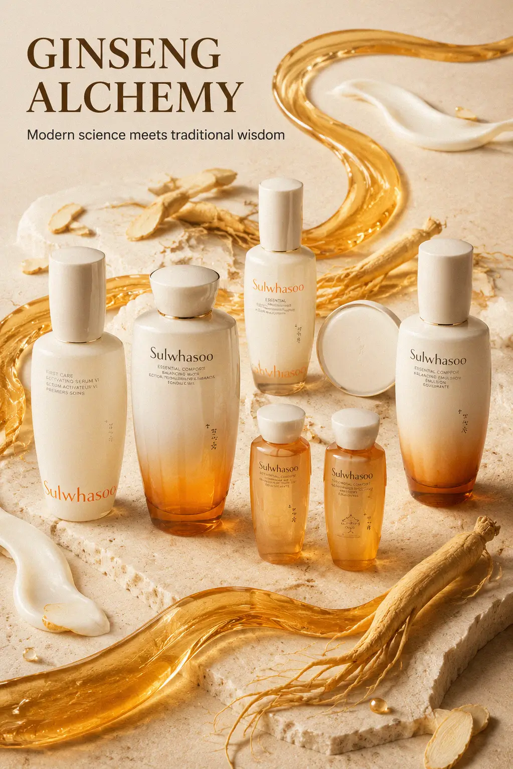 Elegant skincare bottles on a white marble surface
