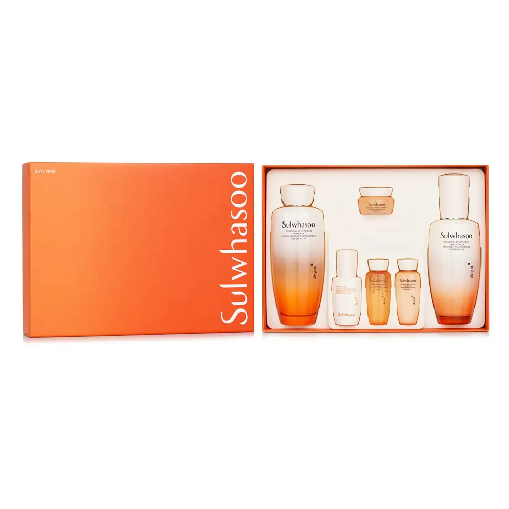 The Sulwhasoo Essential Revitalizing Set on a minimalist marble vanity