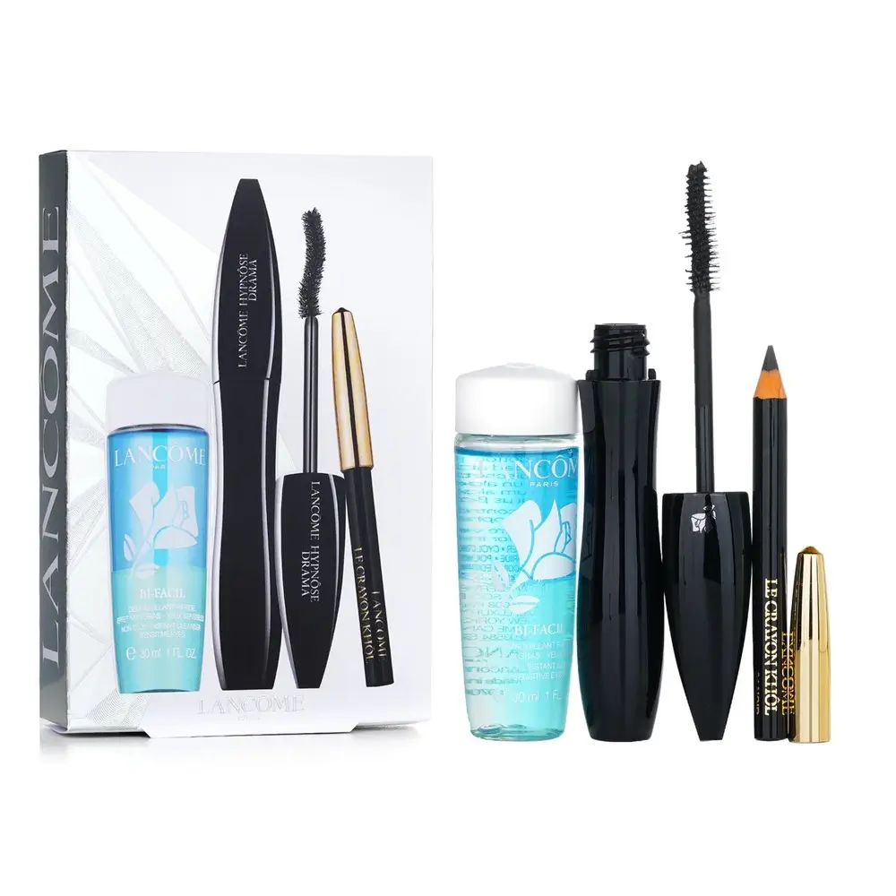The Lancôme Hypnôse Drama Set featuring mascara eyeliner and makeup remover on a luxury vanity
