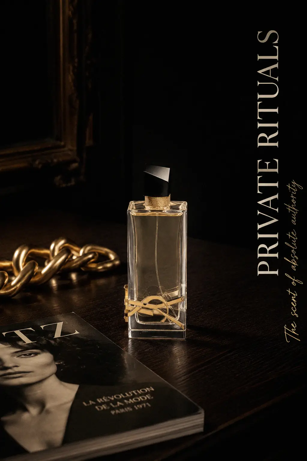 Elegant glass bottle with an asymmetric black cap