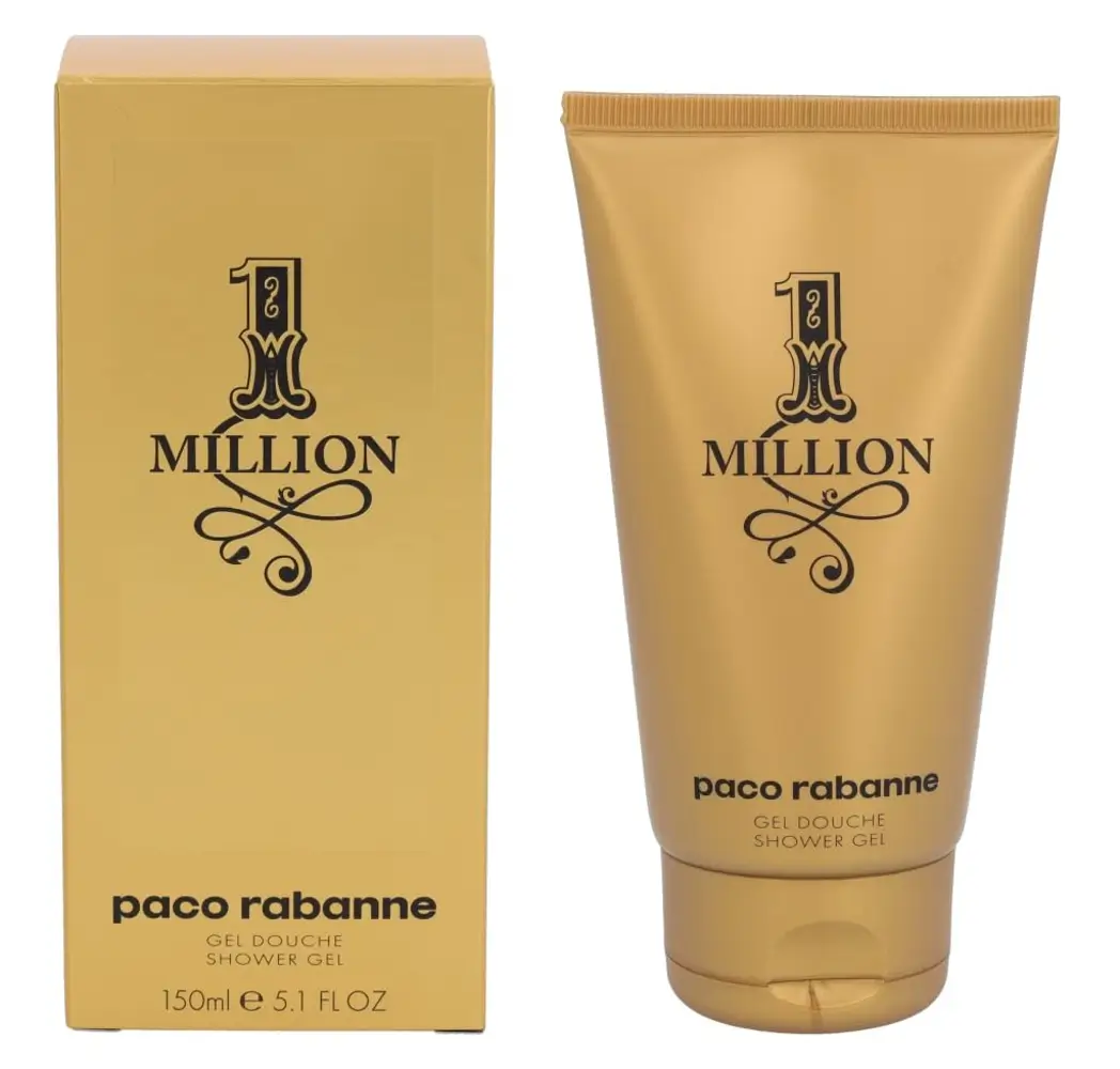 The Paco Rabanne 1 Million Shower Gel bottle on a marble surface
