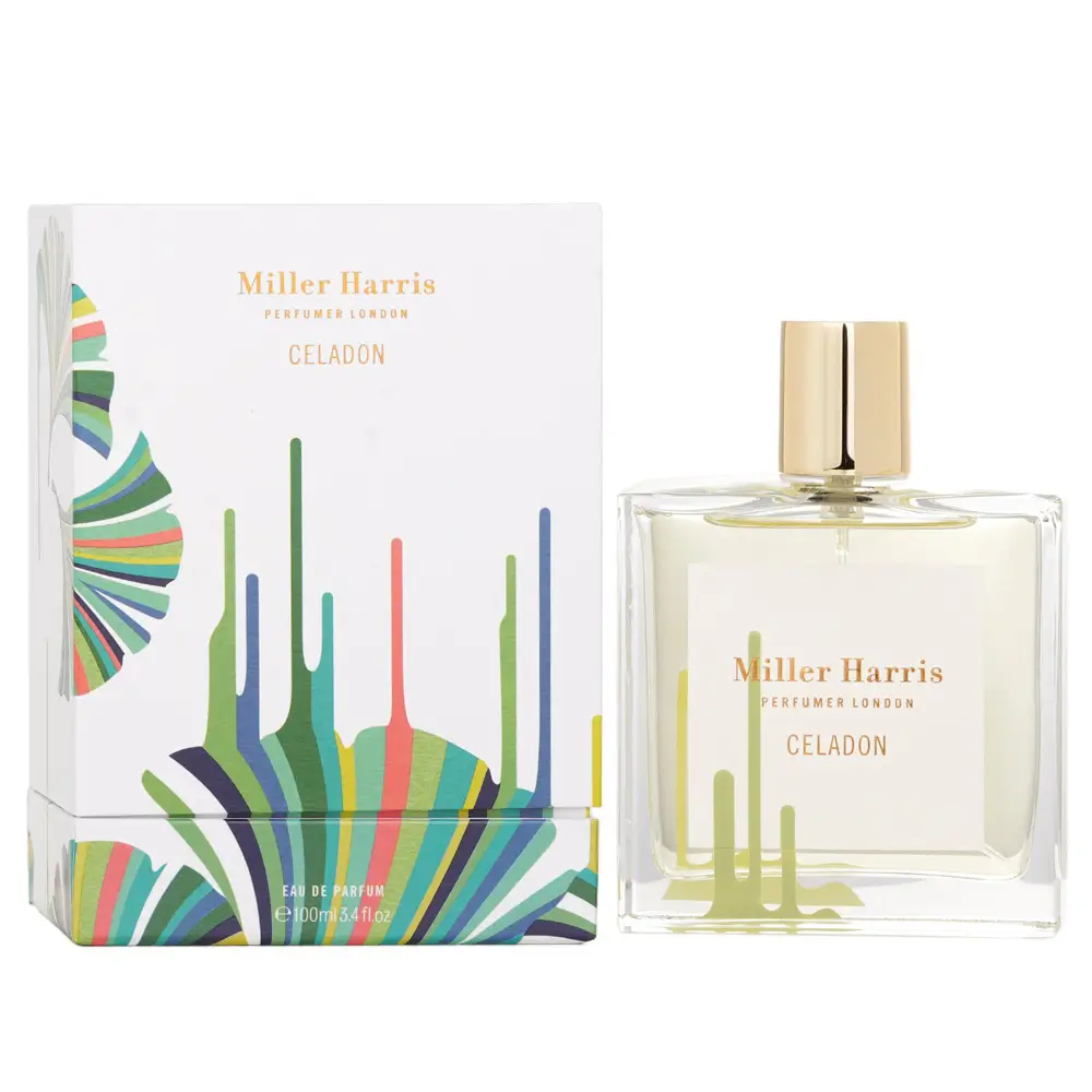 The elegant bottle of Miller Harris Celadon Eau De Parfum on a minimalist surface