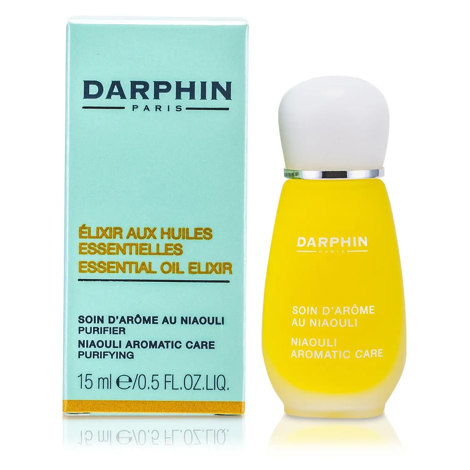 A bottle of Darphin Niaouli Aromatic Care on a marble vanity