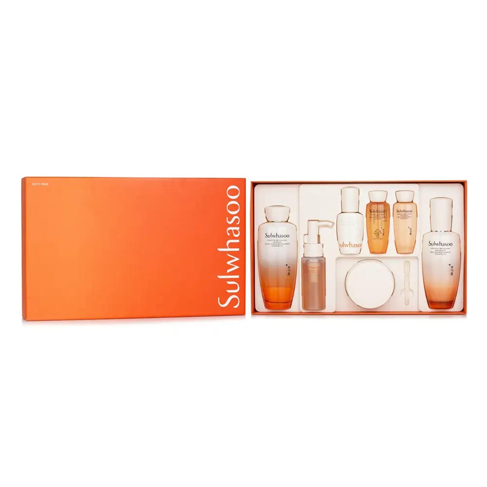 The Sulwhasoo Essential Firming Care Set displayed on a luxury vanity