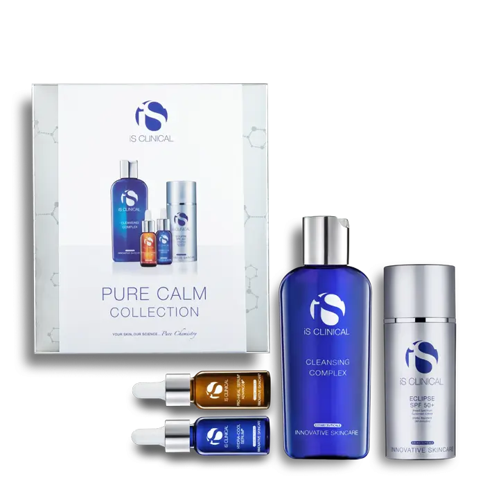 The iS Clinical Pure Calm Collection skincare set on a luxury vanity