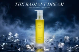 A 100ml glass bottle of Aromatherapy Associates Revive Body Oil on a minimalist marble bathroom counter.