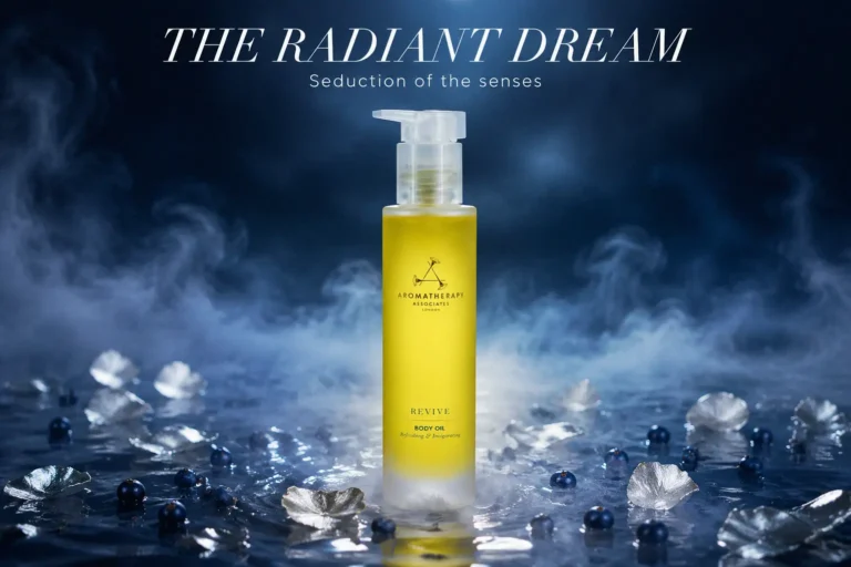 A 100ml glass bottle of Aromatherapy Associates Revive Body Oil on a minimalist marble bathroom counter.