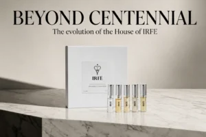 Five small perfume spray vials arranged neatly next to a sleek Maison IRFE white box.