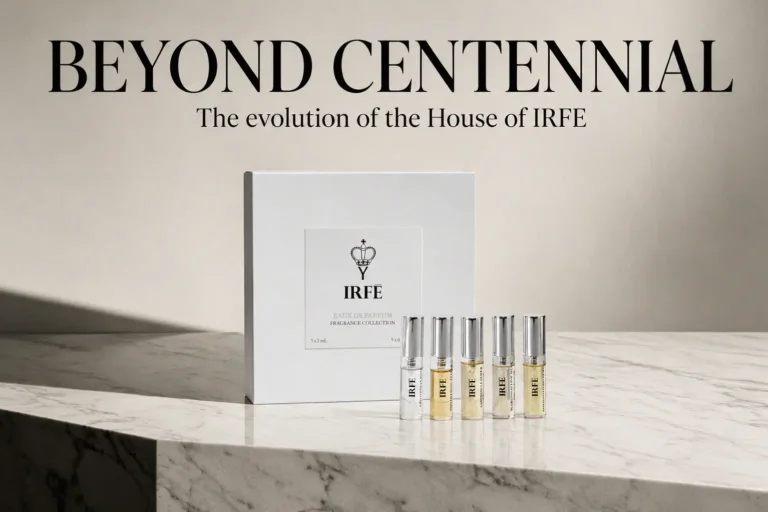 Five small perfume spray vials arranged neatly next to a sleek Maison IRFE white box.