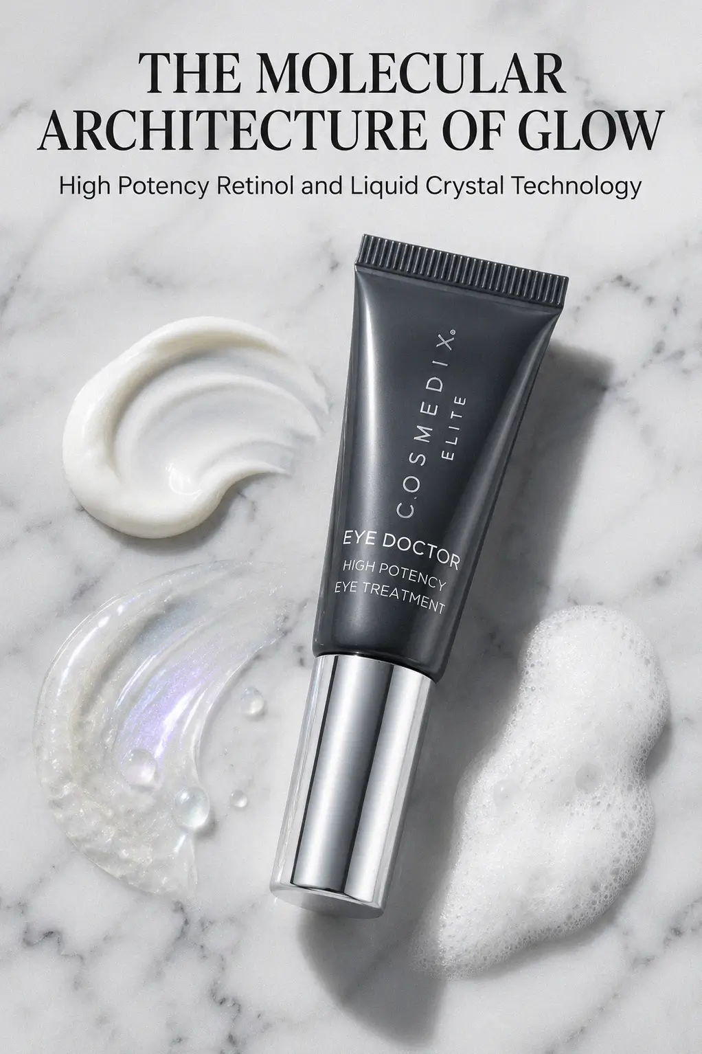 The sleek packaging of the eye treatment in a luxury setting