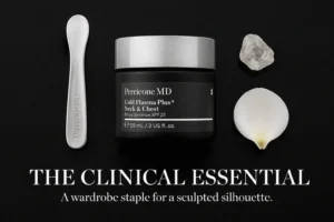 A 2 oz jar of Perricone MD Cold Plasma+ Neck & Chest SPF 25 on a clean, white vanity surface.