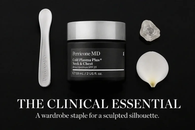 A 2 oz jar of Perricone MD Cold Plasma+ Neck & Chest SPF 25 on a clean, white vanity surface.