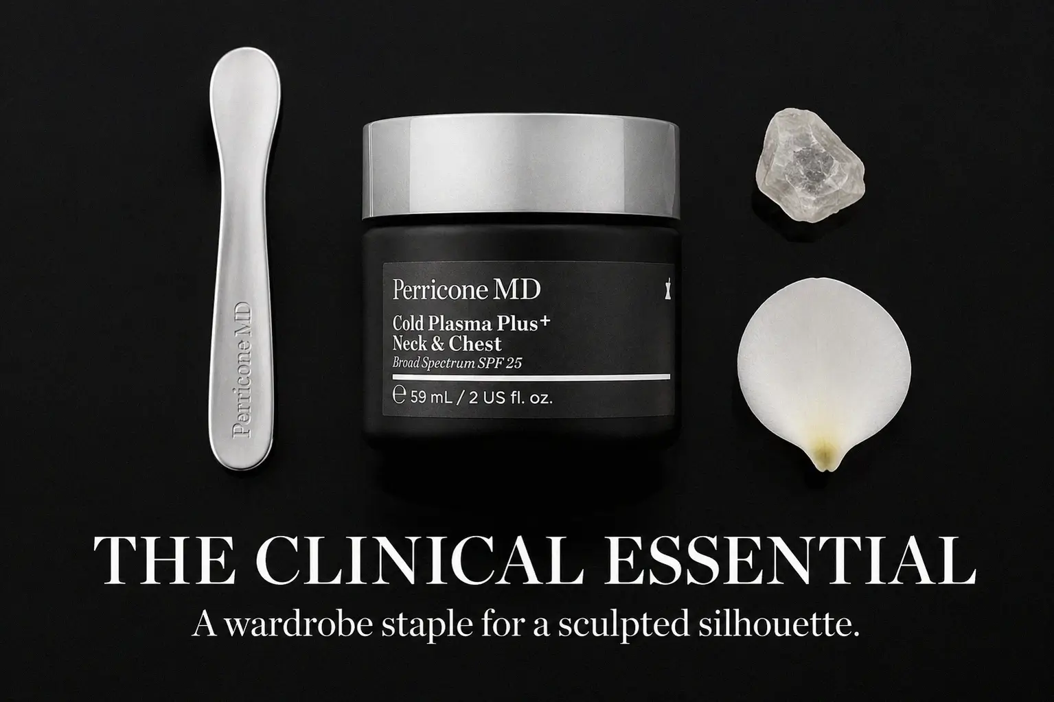 A 2 oz jar of Perricone MD Cold Plasma+ Neck & Chest SPF 25 on a clean, white vanity surface.