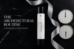 Philosophy Full Of Promise Treatment Duo silver bottles displayed on a white marble vanity.