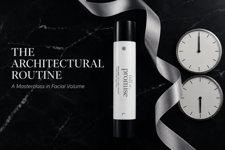Philosophy Full Of Promise Treatment Duo silver bottles displayed on a white marble vanity.