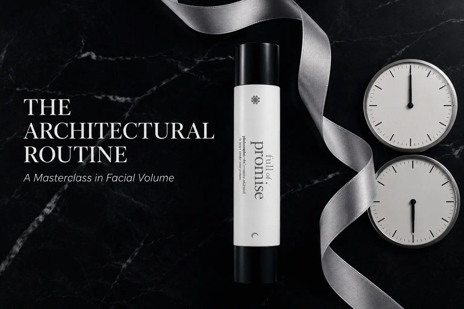 Philosophy Full Of Promise Treatment Duo silver bottles displayed on a white marble vanity.