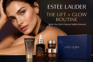 Four Estee Lauder skincare products in gold and blue packaging on a clean white surface.