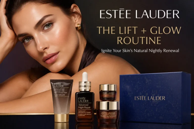 Four Estee Lauder skincare products in gold and blue packaging on a clean white surface.