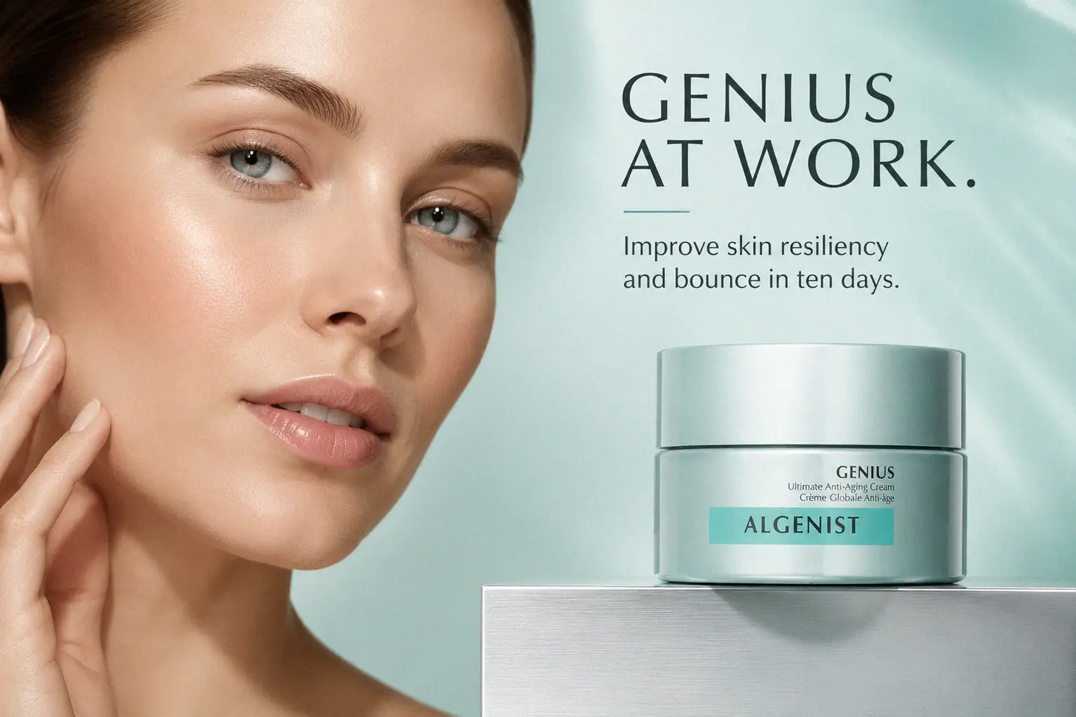 A jar of Algenist Genius Ultimate Anti-Aging Cream sitting on a marble vanity with soft morning light.