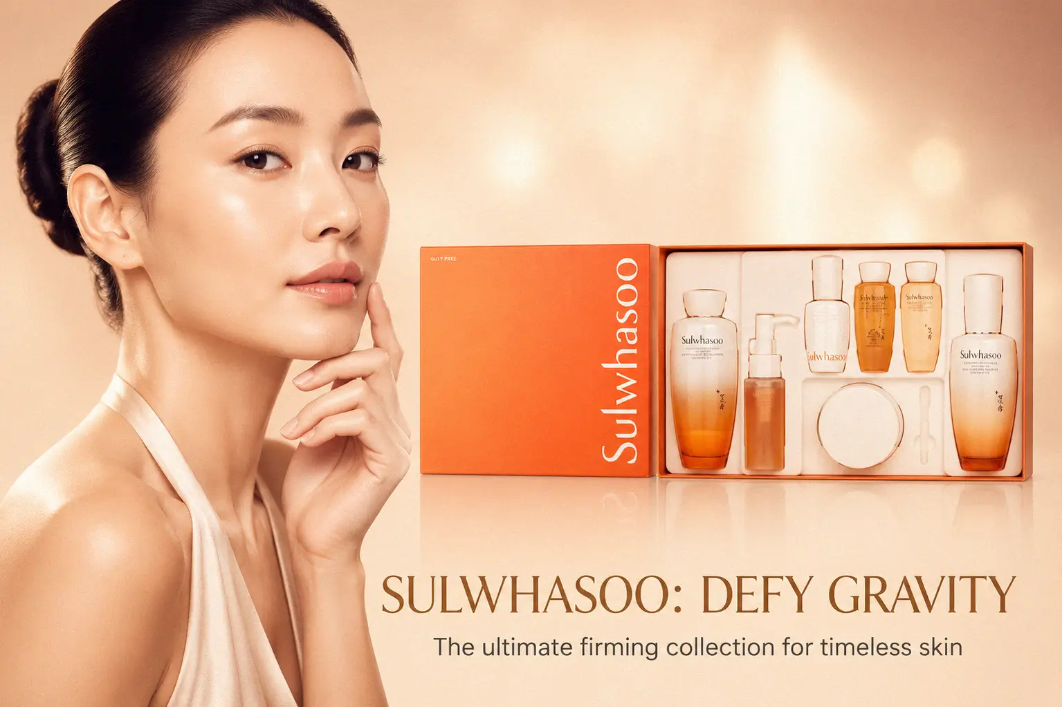 Seven-piece Sulwhasoo Essential Firming Care Set in elegant packaging on a clean vanity surface.