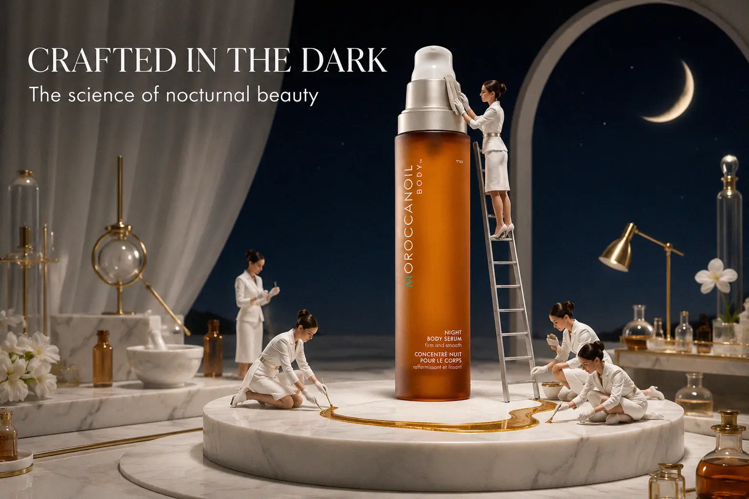 Elegant glass bottle of Moroccanoil Night Body Serum standing on a polished vanity with warm lighting.