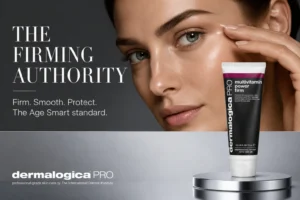A tube of Dermalogica Multivitamin Power Firm Eye Cream on a clean white vanity surface.