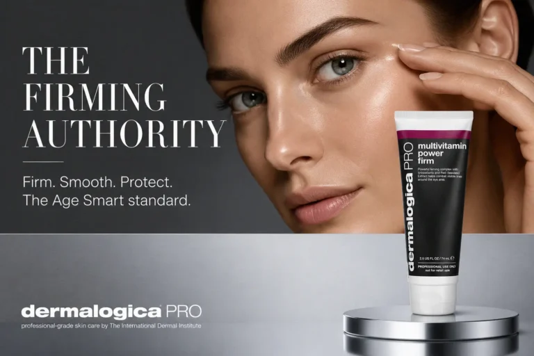 A tube of Dermalogica Multivitamin Power Firm Eye Cream on a clean white vanity surface.