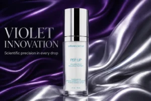 Sleek white pump bottle of Colorescience Pep Up Collagen treatment on a minimalist marble vanity.