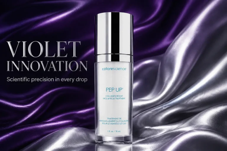 Sleek white pump bottle of Colorescience Pep Up Collagen treatment on a minimalist marble vanity.