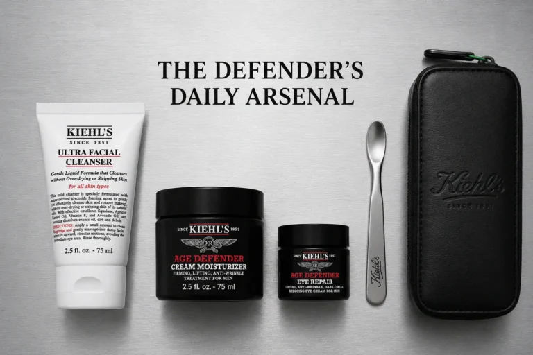 Kiehl's Daily Defenders products arranged in a sleek blue gift box for men.