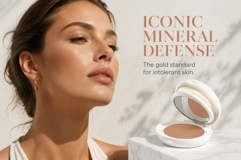 Avene High Protection Tinted Compact SPF 50 in a sleek white case with a mirrored lid and sponge applicator.