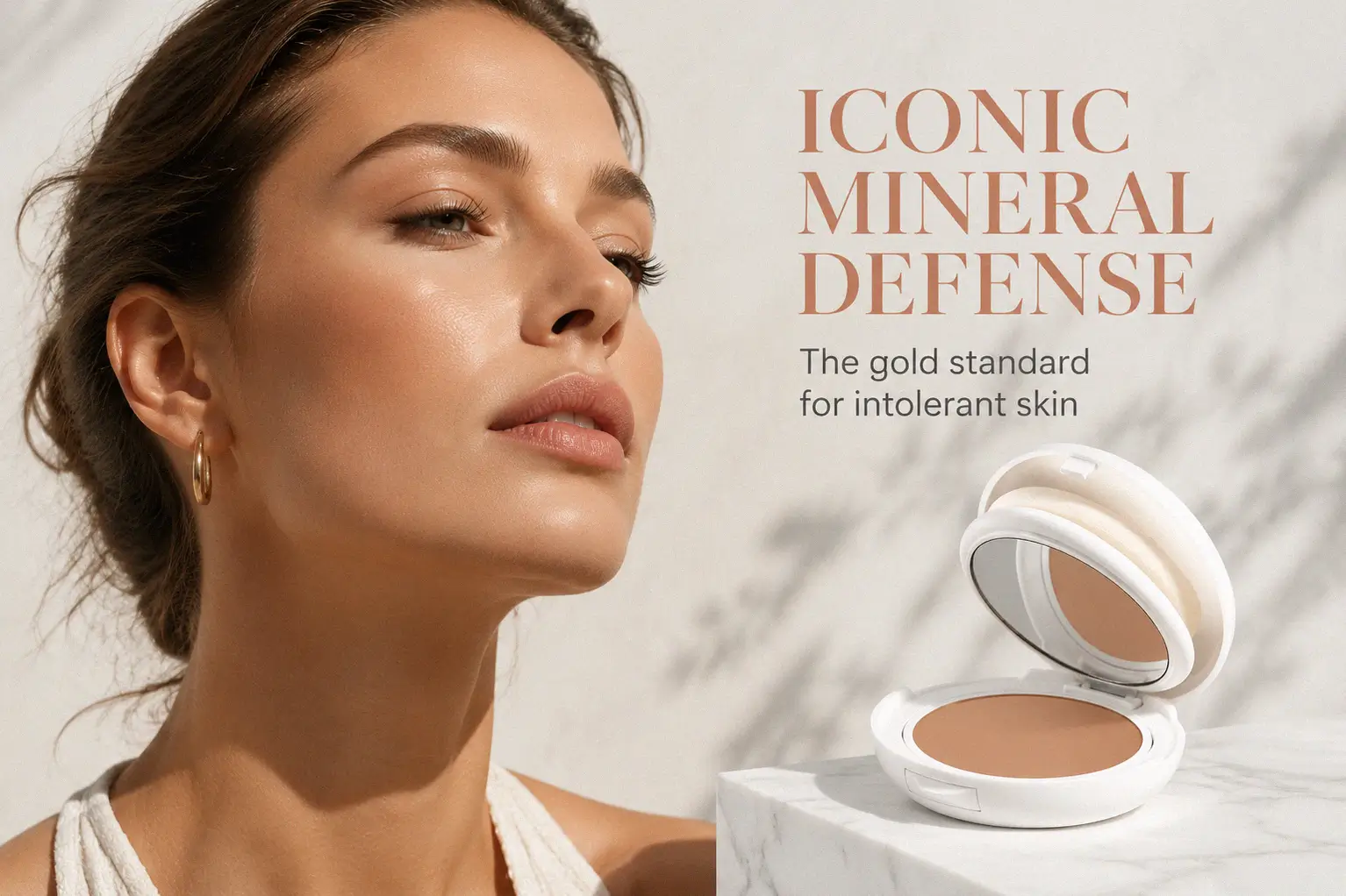 Avene High Protection Tinted Compact SPF 50 in a sleek white case with a mirrored lid and sponge applicator.