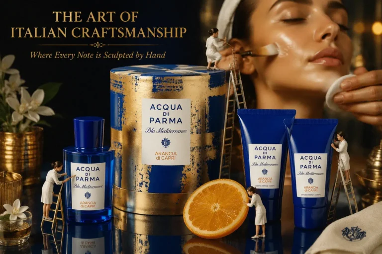 Blue and gold striped gift box containing Acqua Di Parma perfume, body wash, and lotion on a white surface.