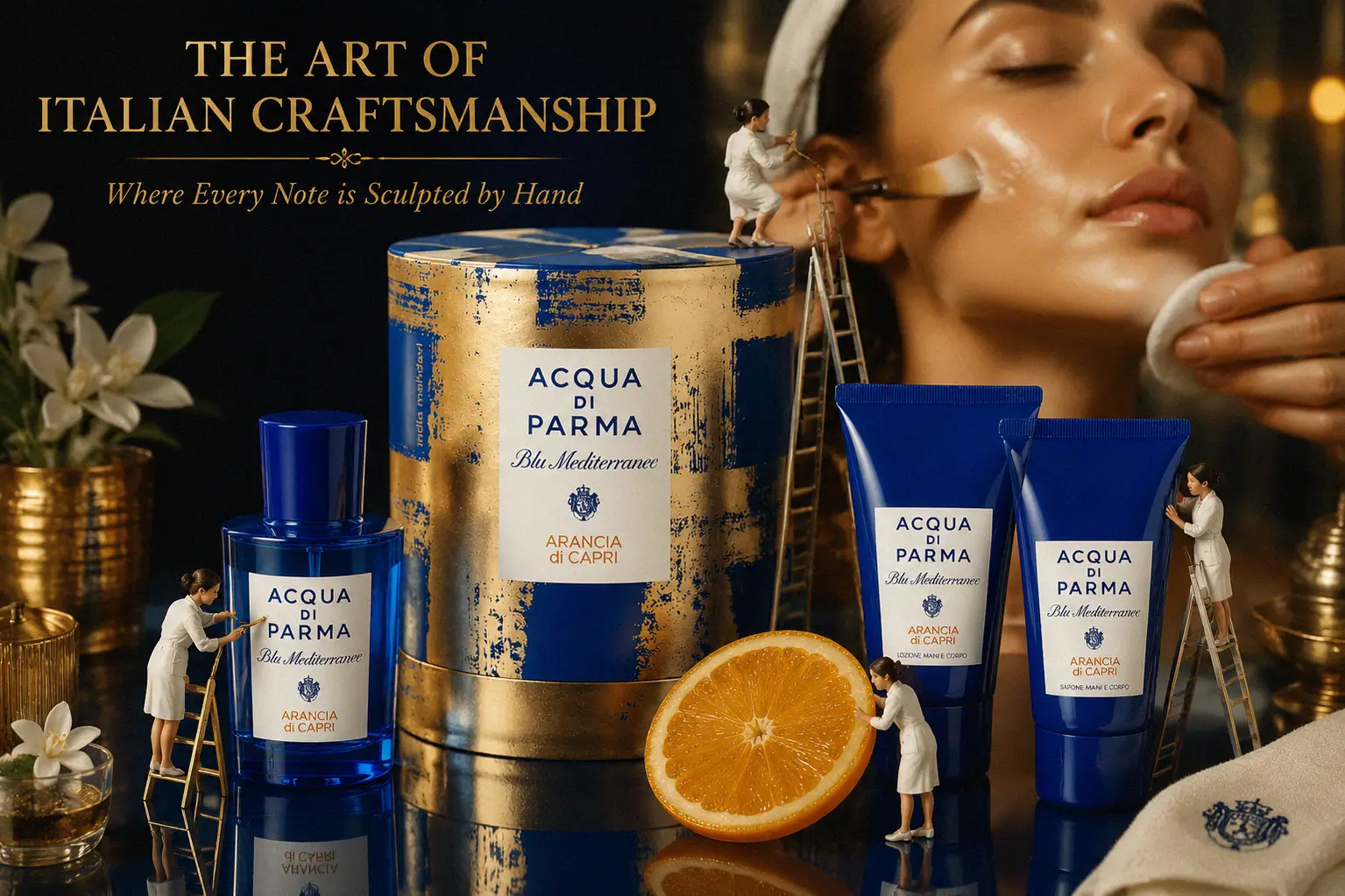 Blue and gold striped gift box containing Acqua Di Parma perfume, body wash, and lotion on a white surface.