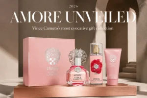 Three-piece Vince Camuto Amore gift set with pink perfume bottle, fragrance mist, and shower gel.