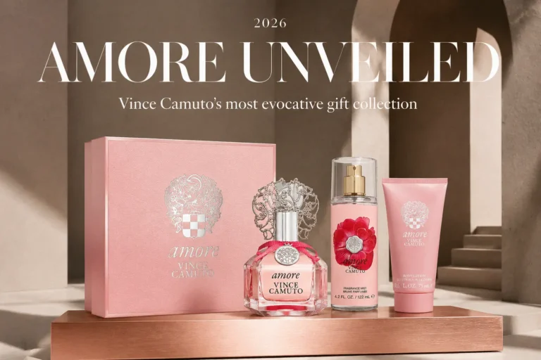 Three-piece Vince Camuto Amore gift set with pink perfume bottle, fragrance mist, and shower gel.