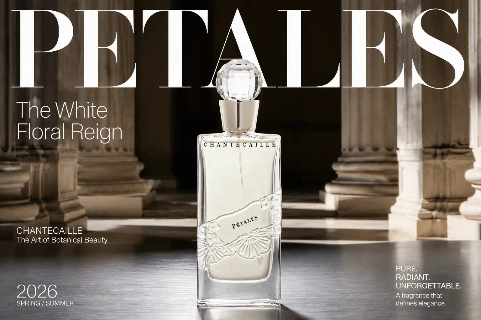 Chantecaille Petales perfume bottle in a clear glass bottle showing the light liquid against a soft background.