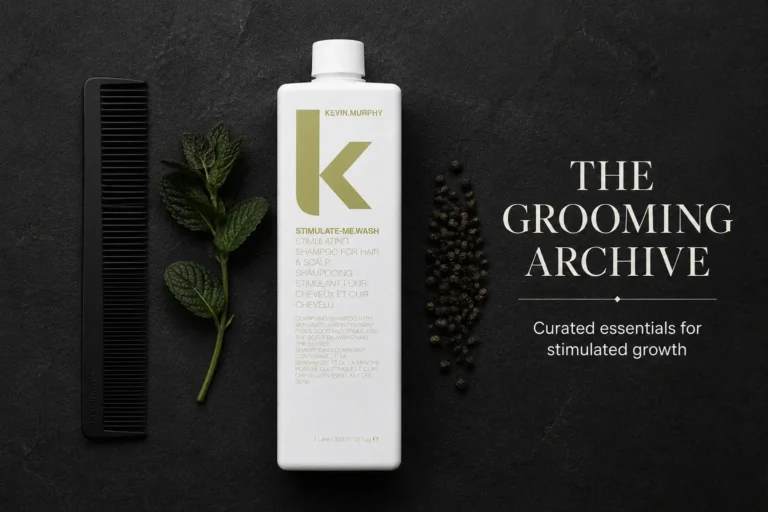 Recycled plastic bottle of Kevin Murphy Stimulate-Me Wash on a clean, modern bathroom vanity shelf.