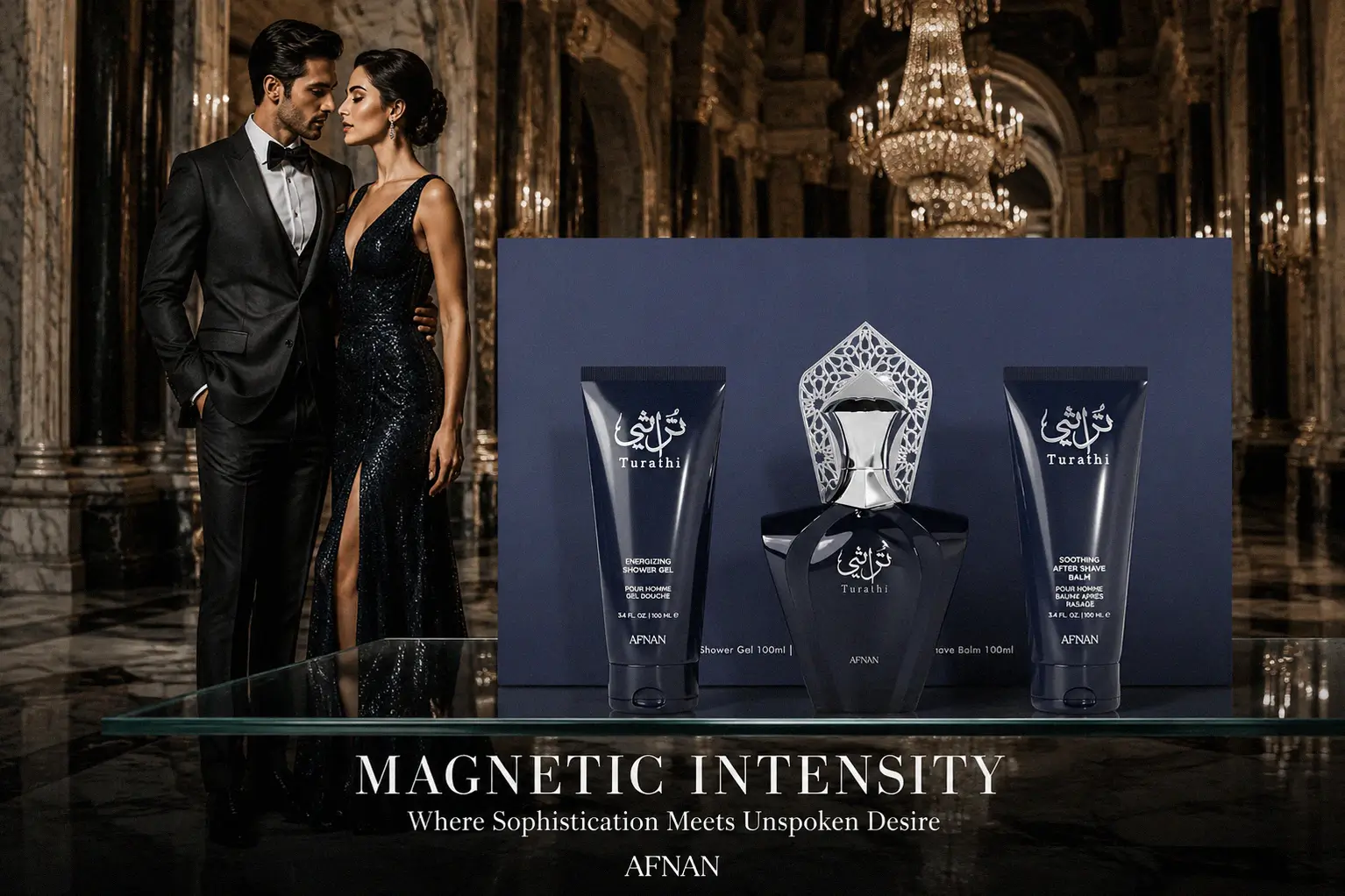 Three-piece blue and silver gift set with a 90ml bottle, shower gel, and after shave balm on a clean background.