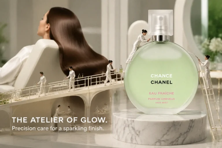 Round glass bottle of CHANEL Chance Eau Fraîche Hair Mist on a polished marble vanity.