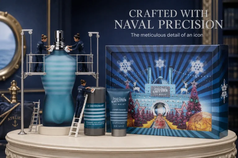 Three blue sailor-torso Jean Paul Gaultier Le Male fragrance products arranged in a premium gift box.