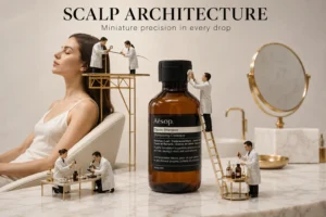 A minimalist amber bottle of Aesop Classic Shampoo with a black pump, sitting on a marble bathroom counter.