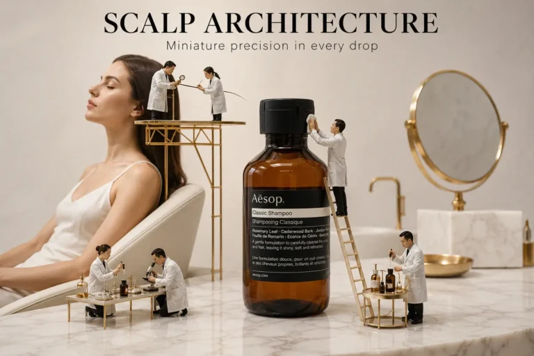 A minimalist amber bottle of Aesop Classic Shampoo with a black pump, sitting on a marble bathroom counter.