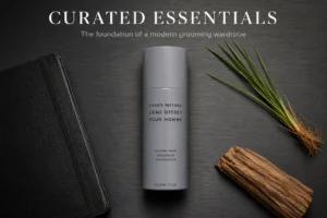 Sleek Issey Miyake L'Eau d'Issey Pour Homme deodorant spray bottle on a minimalist bathroom shelf.