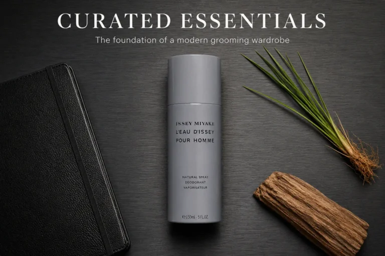 Sleek Issey Miyake L'Eau d'Issey Pour Homme deodorant spray bottle on a minimalist bathroom shelf.
